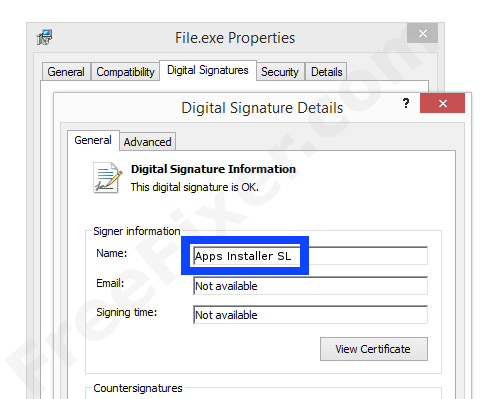 Screenshot of the Apps Installer SL certificate